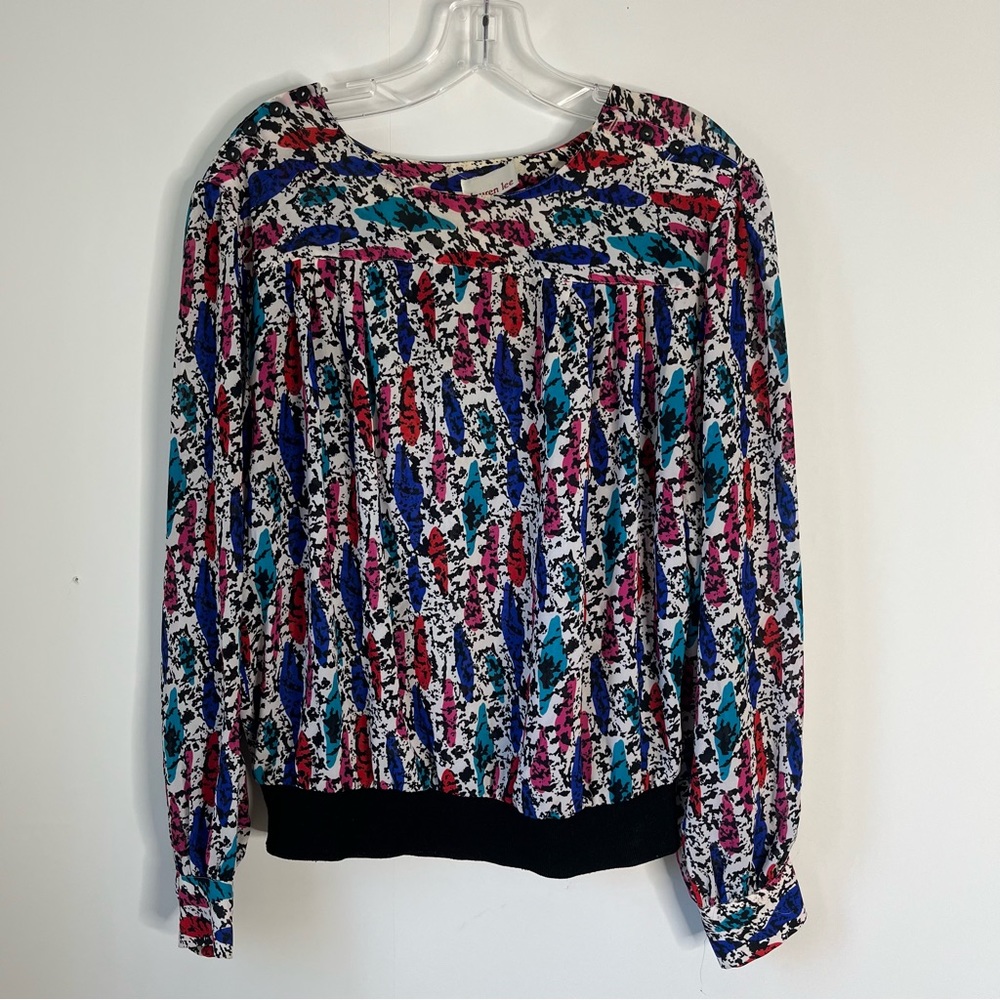 Vintage Lauren Lee Colorful Artsy Black Banded Sheer Balloon Sleeve Blouse